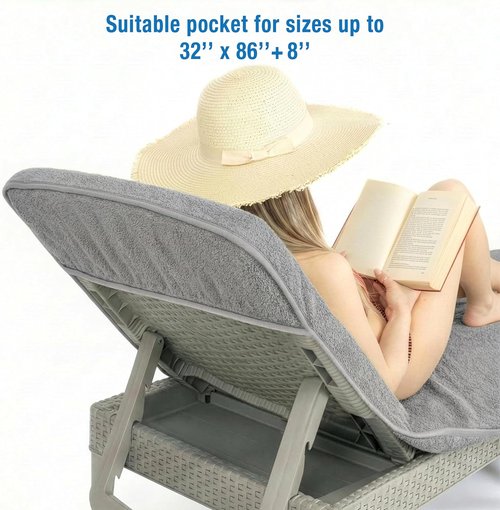 Cotton Paradise Lounge Chair Towel - Light Grey Chaise Lounge Pool Towel with Pocket | 32x86 in