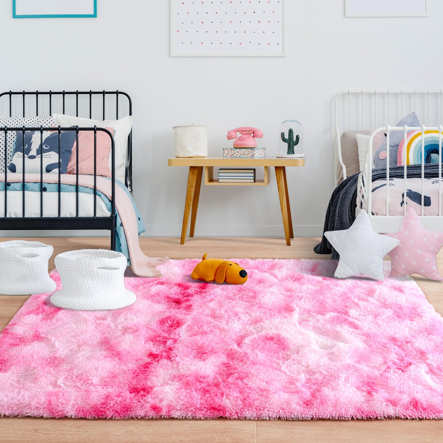 Foxmas Large Area Rugs for Living Room Bedroom 5x8 Feet, Fluffy Kids Room Plush Shaggy Nursery Rug Furry Throw Carpets for Boys Girls, College Dorm Fuzzy Rugs Home Decorate Rug, Tie-Dyed Pink