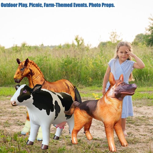 Jet Creations Inflatable Animal Trio: Cow, Horse, German Shepherd, Realistic Livestock Animal, Pets for Party Decoration, Education, Learning, Pool, Birthday, Photo Prop, Ideal for Kids, Adults