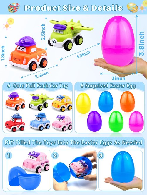 AMENON 6 Pack 3.8" Jumbo Easter Eggs Filled with Pull Back Cars, Easter Eggs with Toys Inside 6 Style Pull Back Car for Kids Toddlers Boys Girls Basket Stuffers Fillers Egg Hunt Party Favors Gifts