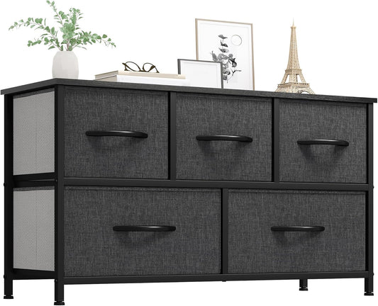 YITAHOME Wide Chest of Drawers, Dresser with 5 Drawers, Oak Greige Fabric Storage Tower, Dresser for Room with 5 Drawers, Living Room, Closets - Sturdy Steel Frame, Wooden Top