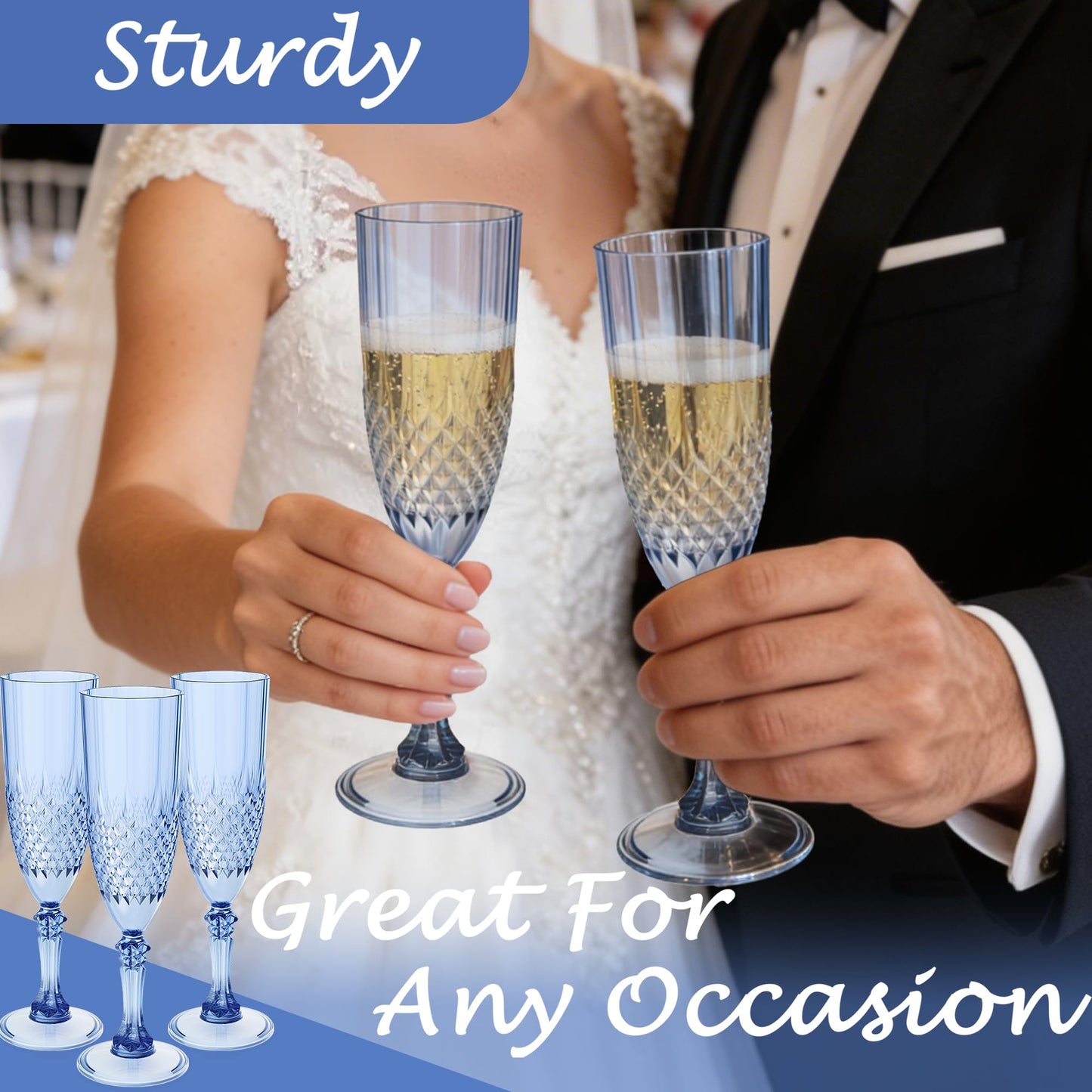 LEYIQU Plastic Champagne Flutes, Champagne Glasses Bulk, Reusable Unbreakable Acrylic Wine Glasses Goblets for Weddings Bachelor Parties Toasting Bridal Shower (24, Blue)
