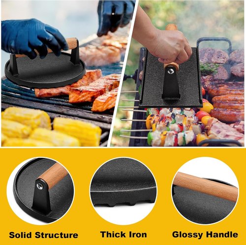 AIVIKI Burger Press - Heavy Duty Cast Iron Smash Press for Griddle | 6.9" Round & 8.2"x4.2" Rectangular