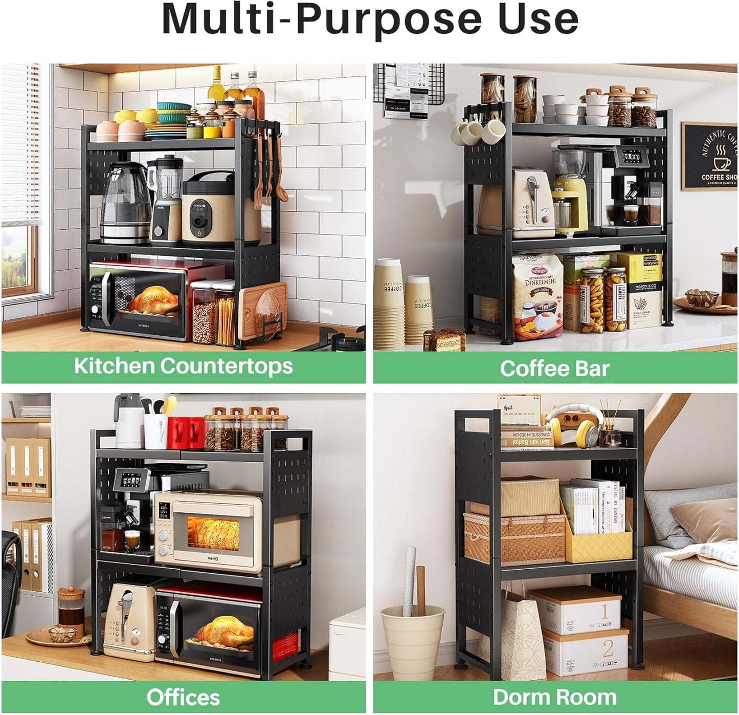 Microwave Stand - 3-Tier Expandable Heavy Duty Adjustable Shelf | Kitchen Organizer with Hooks & Cutting Board Holder, Black