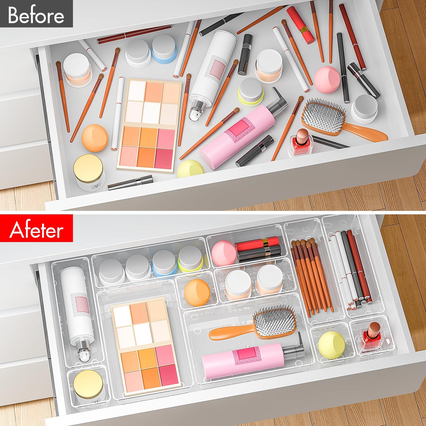 VEXTHYX Clear Plastic Drawer Organizers Set of 45 Vanity trays Stackable Storage Bins Dividers Bathroom Organiser Storage Vanity Bins for Makeup, Kitchen Utensils, Jewelries, Office