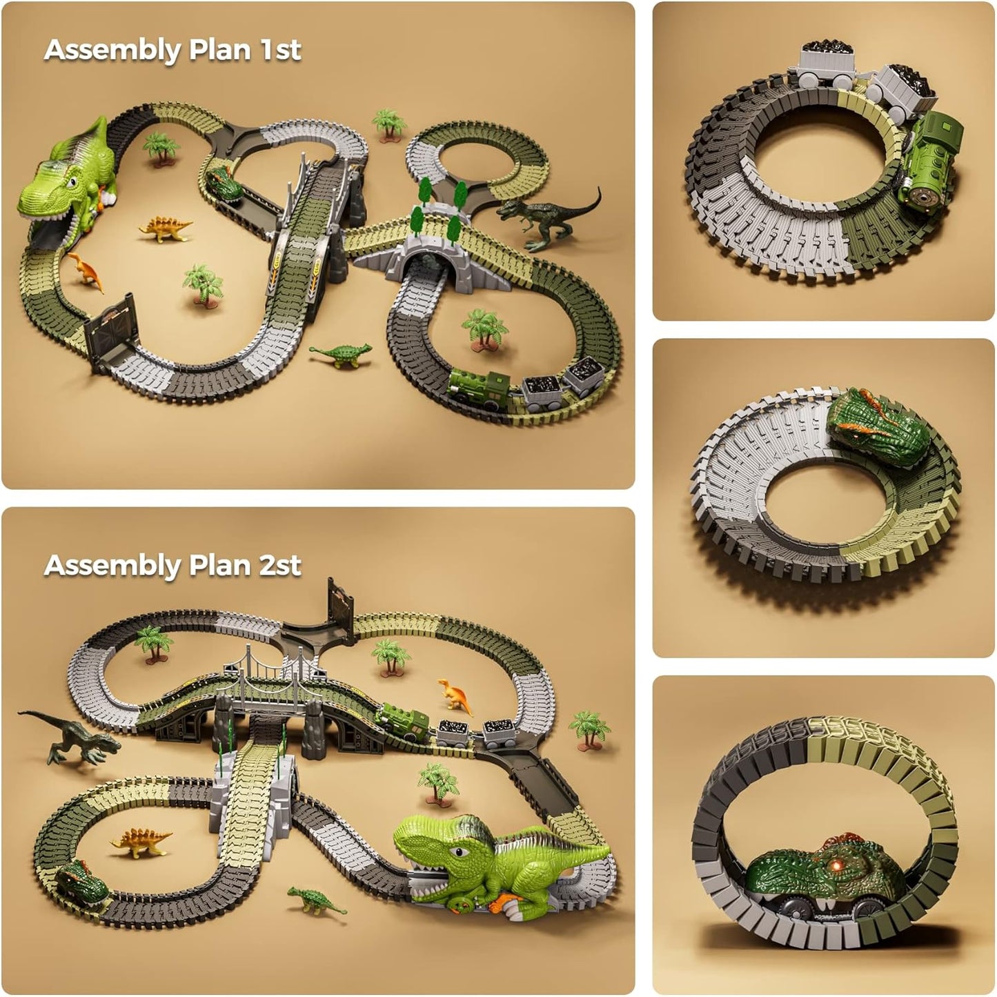 TUMAMA Dinosaur Train Set - 281 Pcs Flexible Race Track with 4 Dinosaurs & 2 Electric Cars for Kids 3-7