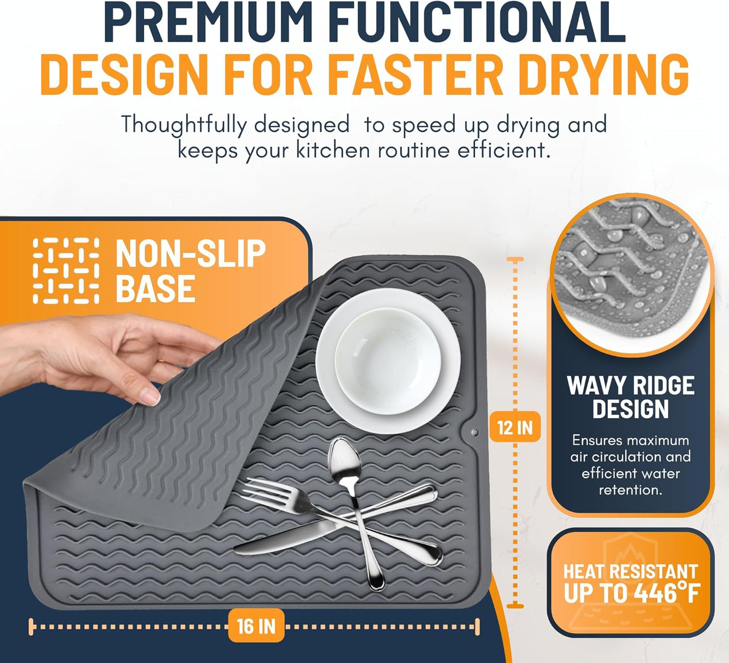 Linda’s Essentials Silicone Dish Drying Mat - Non-Slip & Heat-Resistant 16 x 12 Inch Kitchen Pad (Gray)