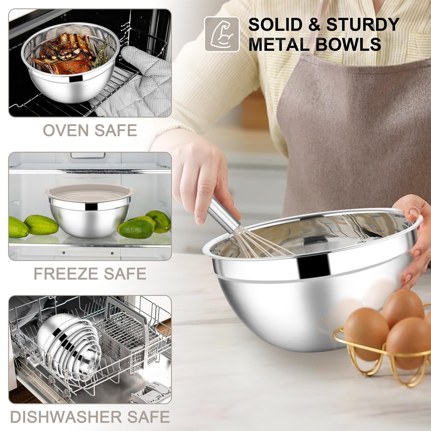 E-far Mixing Bowls with Lids Set, 7-Piece Stainless Steel Metal Mixing Bowls with Grater Attachments, Size 4.6, 3.5, 2.6, 2, 1.5, 1, 0.7QT, Nesting Design & Khaki Airtight Lids, For Cooking/Serving