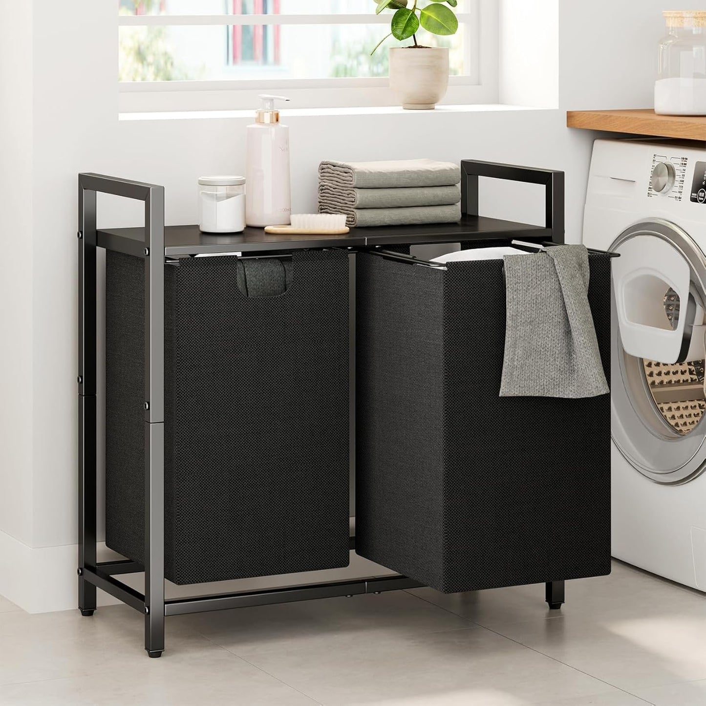 Kitstorack Laundry Hamper Organizer - 2 Pull-Out Bags & Shelf for Easy Sorting | 44.5L Capacity