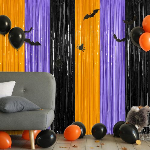 12 Pack Halloween Decor, 3.28 FT x 7.05 FT Orange Purple Black Fringe Curtains, Funny Wall Backdrop Photo Booth Backdrop Party Streamer, Halloween Foil Decorations Photo Booth Props