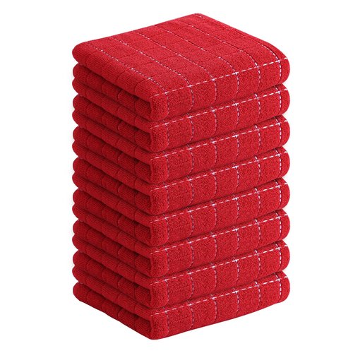 Homaxy 100% Cotton Terry Kitchen Towels(Red, 13 x 28 inches), Checkered Designed, Soft and Super Absorbent Dish Towels, 8 Pack