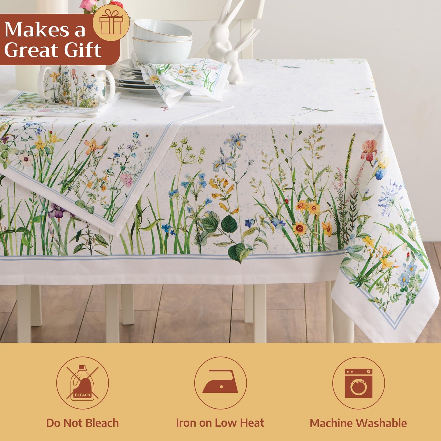 Maison d' Hermine Table Cloth Rectangle Table 100% Cotton 60 x 90 Inches Tablecloth Reusable Decorative for Dining Kitchen Room Farmhouse Home Gifts for Mothers Day Spring Summer - Fleurs De Mai