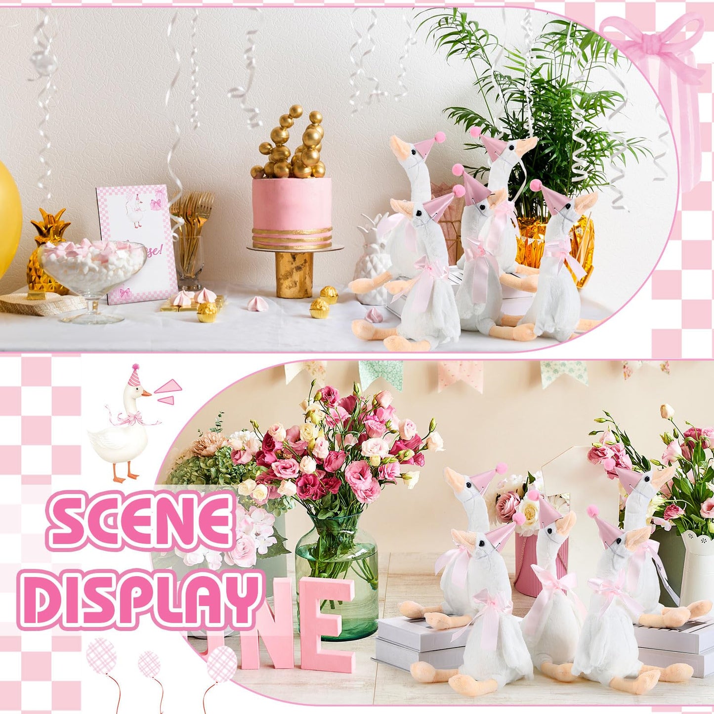 Blueweenly 8 Sets One Silly Goose Birthday Decoration 15.7 Inch Soft Silly Goose Stuffed Animal Hat with Wood Table Decor for Birthday Party Decoration