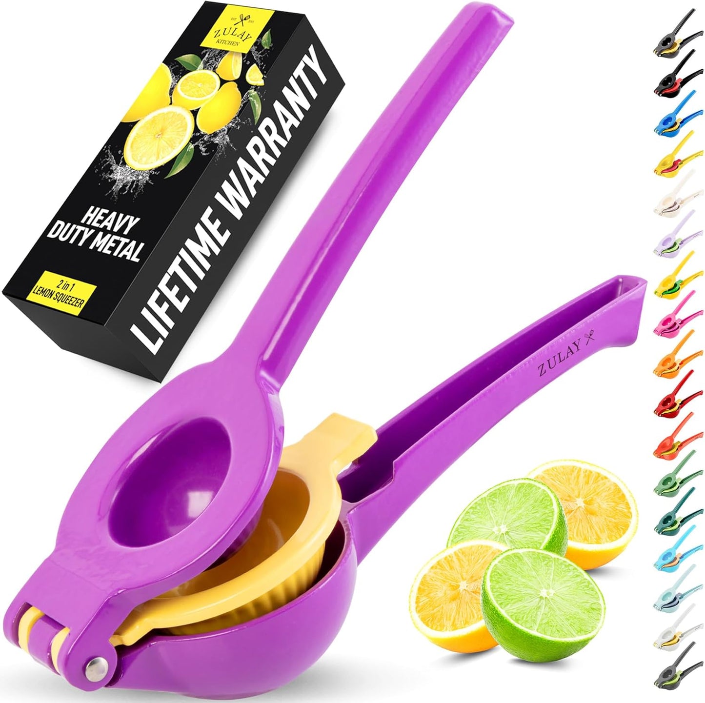 Zulay Kitchen 2-in-1 Lemon Squeezer - Sturdy Manual Juicer for Maximum Juice Extraction - Purple/Yellow