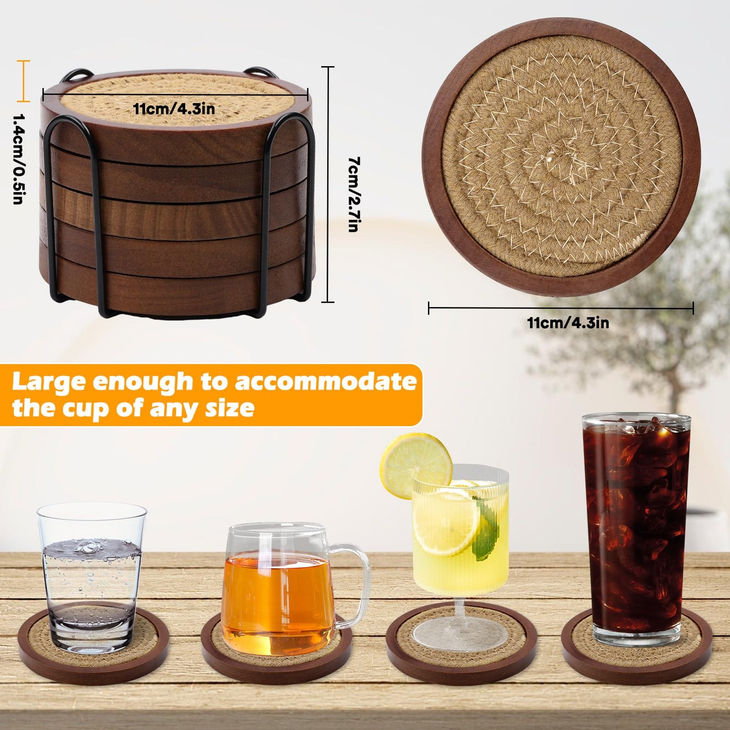 Mckanti 5 Pack Wooden Coasters with Holder for Coffee Table Decor, Absorbent for Kinds of Cups, 4.3 Inches