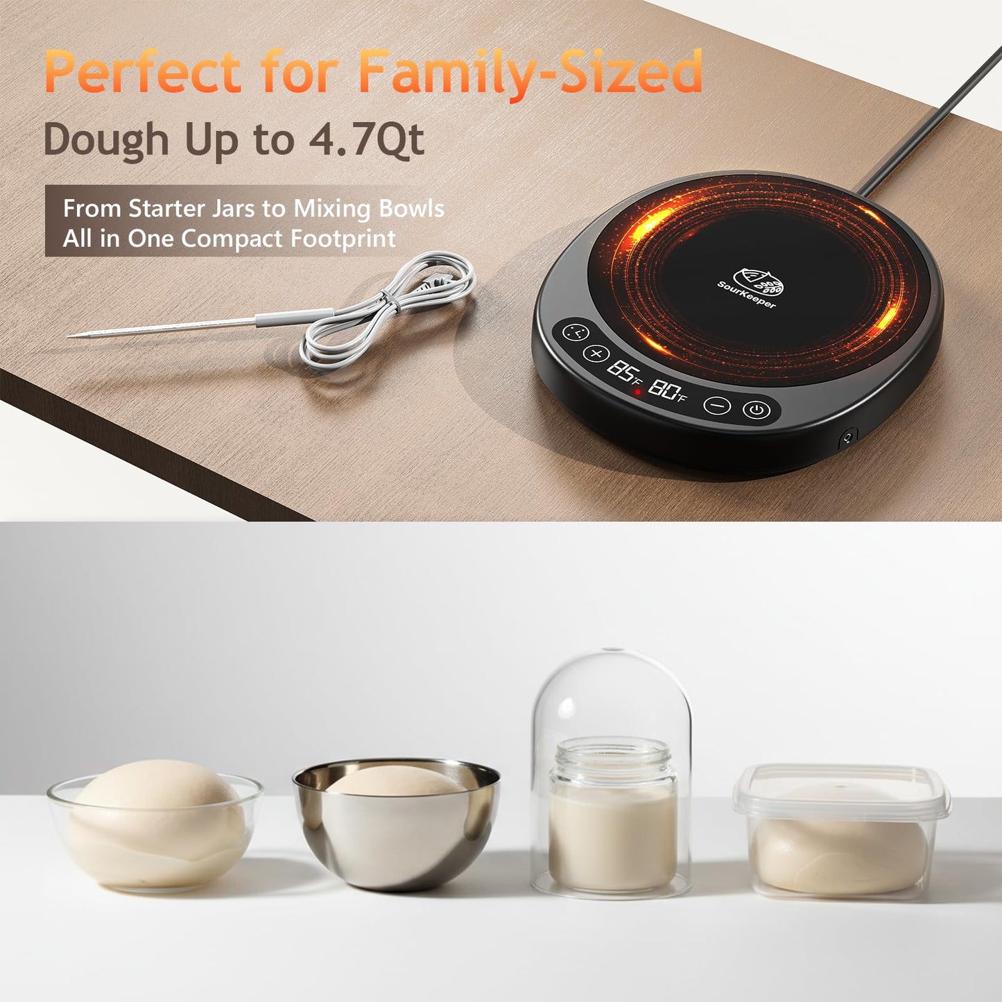 Pakusane SourKeeper, Larger 2-in-1 Sourdough Starter Warmer Pro - 2026 Upgrade Larger Heating Plate, Dough Temp Probe, 1°F Control (70–110°F), 24H Timer, Real-Time Monitoring Black