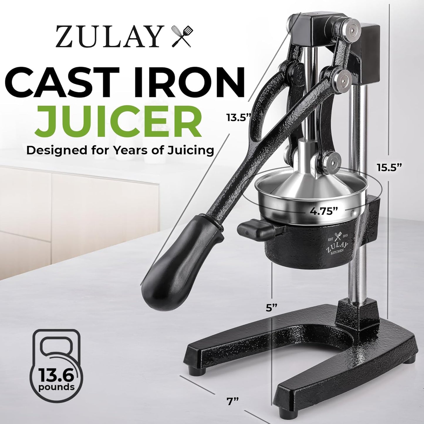 Zulay Kitchen Cast Iron Juicer - Heavy-Duty Manual Citrus Press for Easy Cleaning | Black Stainless Steel
