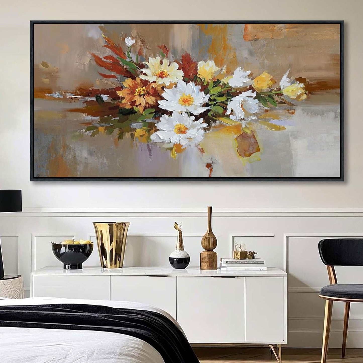 Yellow Floral Wall Art - Large Abstract Canvas for Bedroom & Living Room Decor | Framed Modern Artwork 29x58 IN