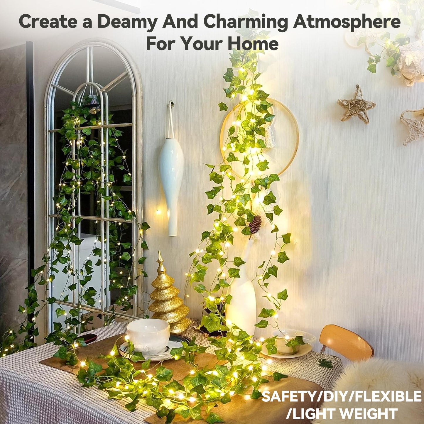 YOUNGAR Ivy Vines with Fairy Lights,Leaf String Warm White Lights Battery/USB Operated,23FT 73LED Fake for Bedroom Wall Room Wedding Birthday Garden Party Wall Room Decor