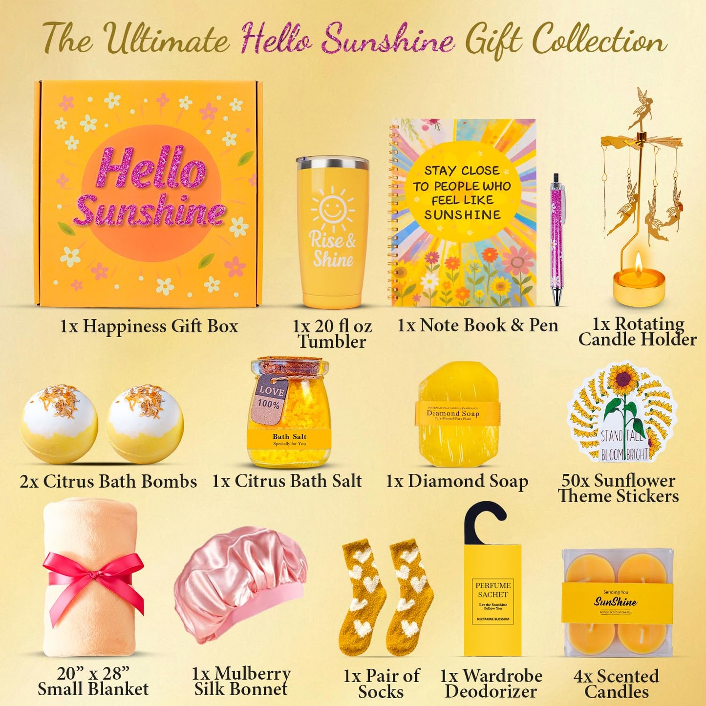 Sunflower Gifts for Women, 17pcs Sunshine Box Care Package for Her, Get Well Soon Gift Baskets for Women, Birthday Basket For Her, Gift Box for Girls, Hug in a Box & Stress Relief Spa Set for Her