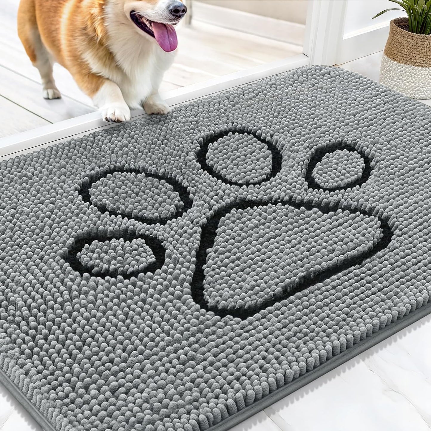 OLANLY Chenille Dog Door Mat - Soft & Absorbent Area Rug Bundle | 30x20 in & 4x5.9 ft - Grey