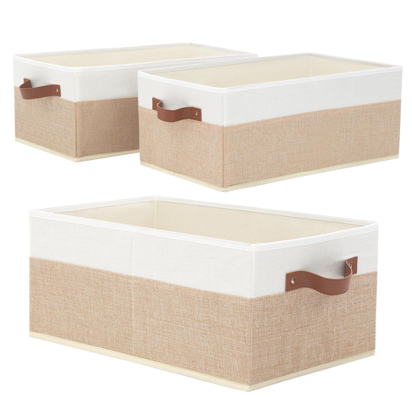 Closet Organizer Bins 3 Pack, Large Storage Bins for Shelves, Foldable Closet Storage Boxes Baskets with Leather Handles for Organizing Clothes, Sheets, Jeans, Toys, Books（Begie）