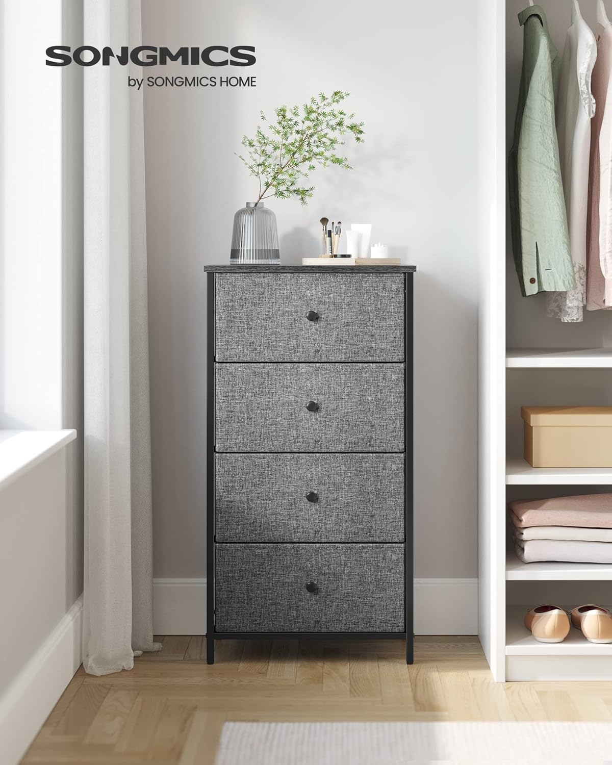 SONGMICS Fabric Dresser - 4 Drawer Chest with Metal Frame | Stylish Gray & Black Design for Bedroom
