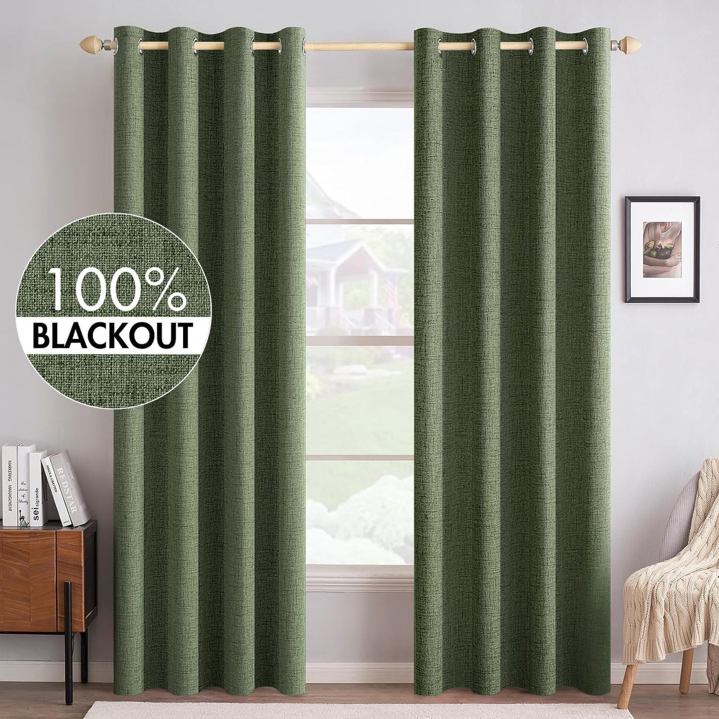 MIULEE 100% Blackout Linen Textured Curtains - Thermal Insulated Olive Green Drapes | 52 x 72 Inch (2 Panels)