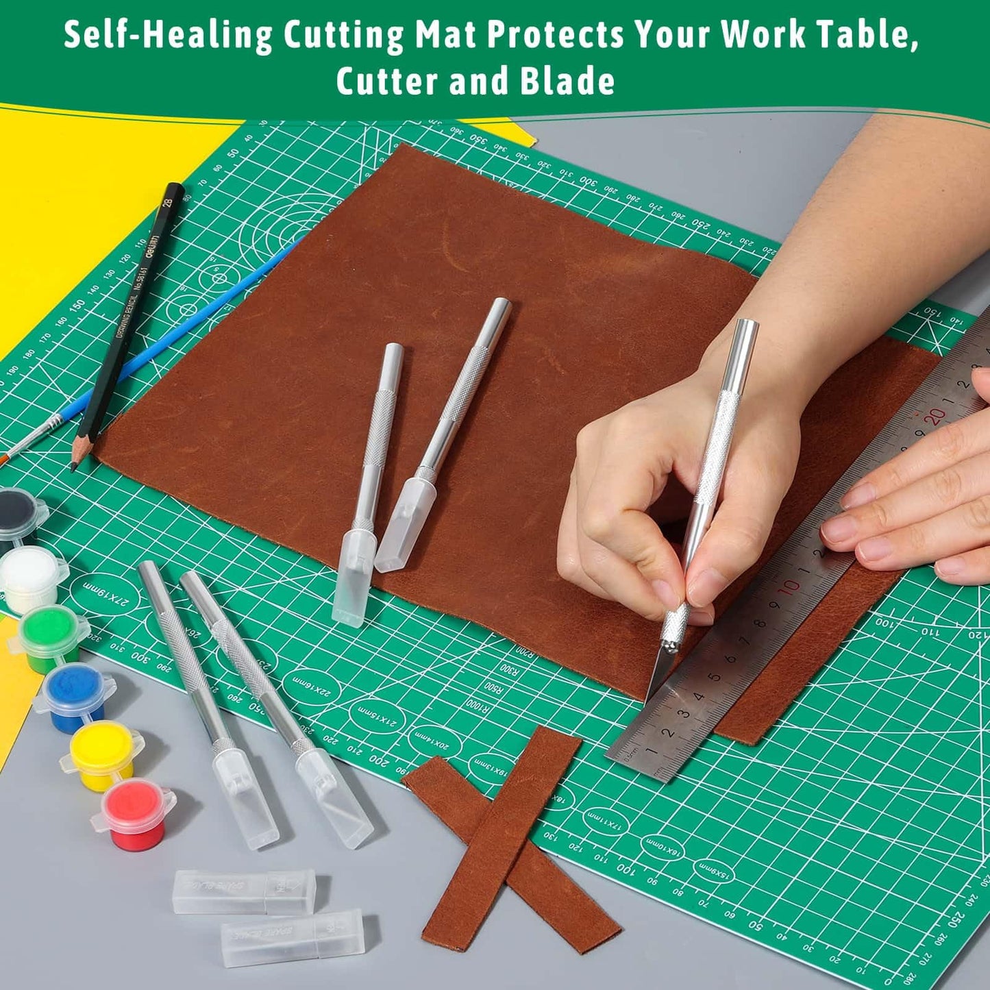 5 Pack Self Healing Cutting Mats and Exacto Knife Set, Sewing Mats with Precision Cutters and Extra 50Pcs SK5 Steel Blade 12" x 18" Work Mat for Crafts, Scrapbooking and Quilting