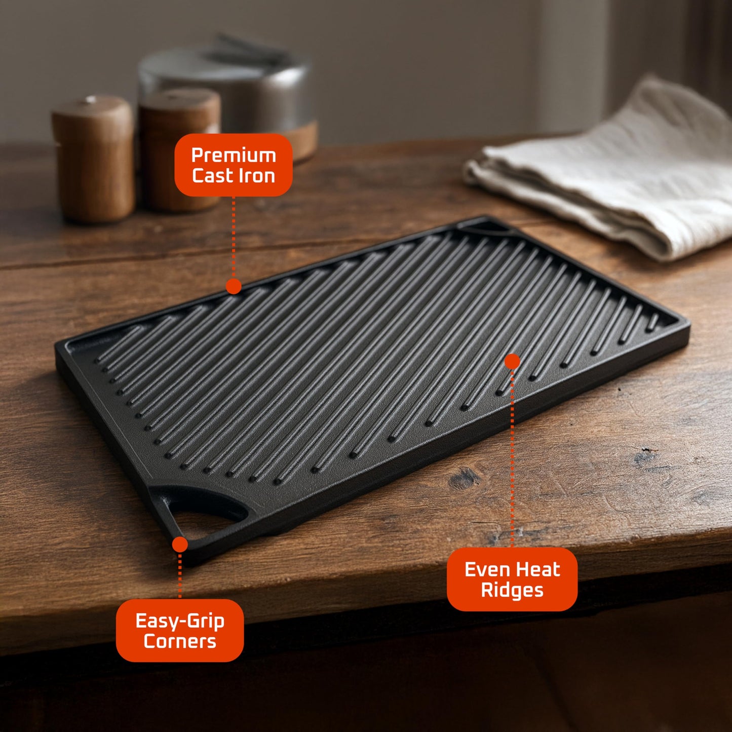 Bruntmor 2-in-1 Reversible Grill Plate - Pre-Seasoned Cast Iron Griddle Pan for Gas Stovetop, Oven, or Open Fire - 17x10-Inch Rectangular Double Sided Flat Pan for Camping, Roasting, and Grilling