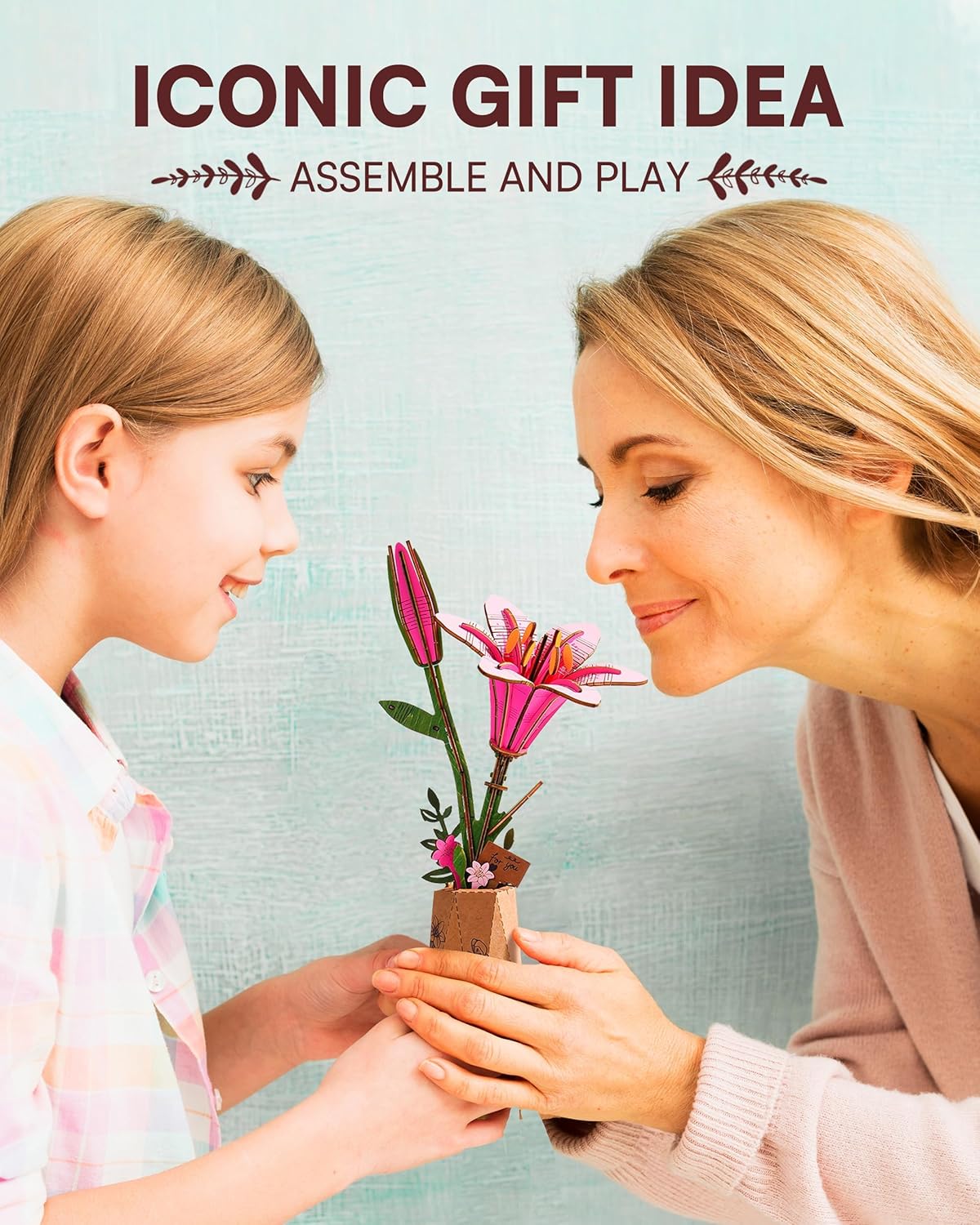 Skiennix 3D Flower Wooden Puzzle - Pink Lily DIY Model Kit for Adults | Creative Gift for Mother's Day (73PCS)