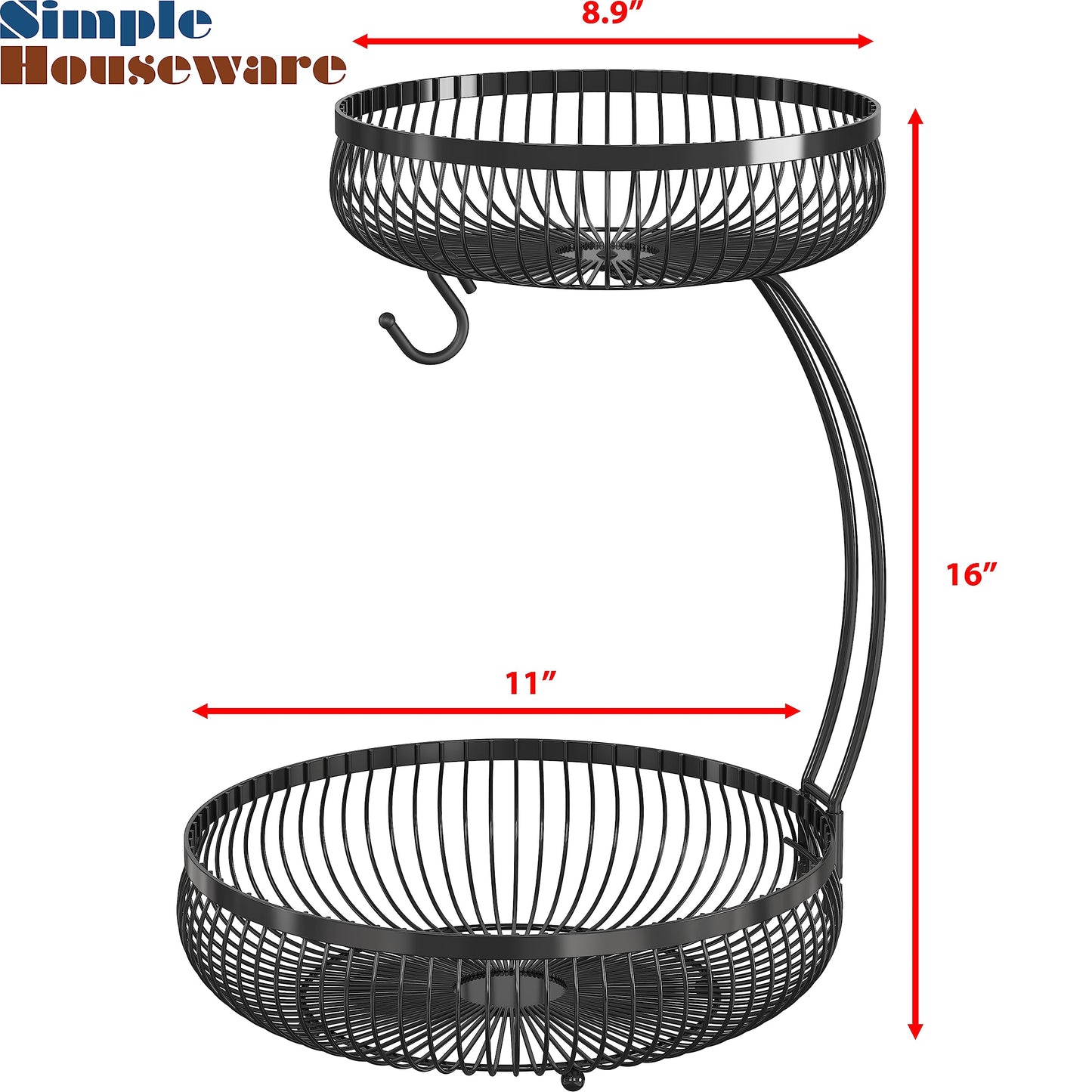 Simple Houseware 2-Tier Countertop Fruit Basket with Banana Hanger, Black