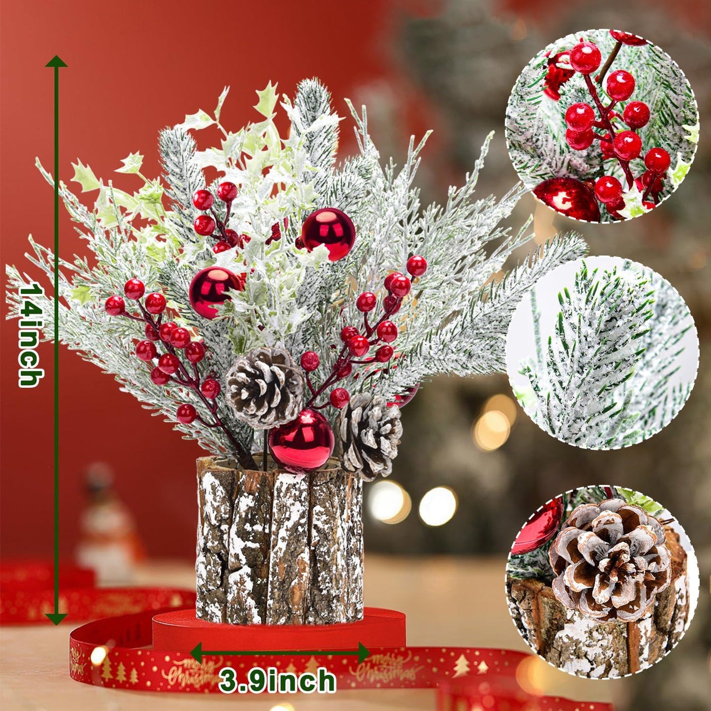 Skiennix Christmas Table Decorations - 14 Inch Potted Christmas Tree with Lights & Pine Cones | Holiday Centerpiece