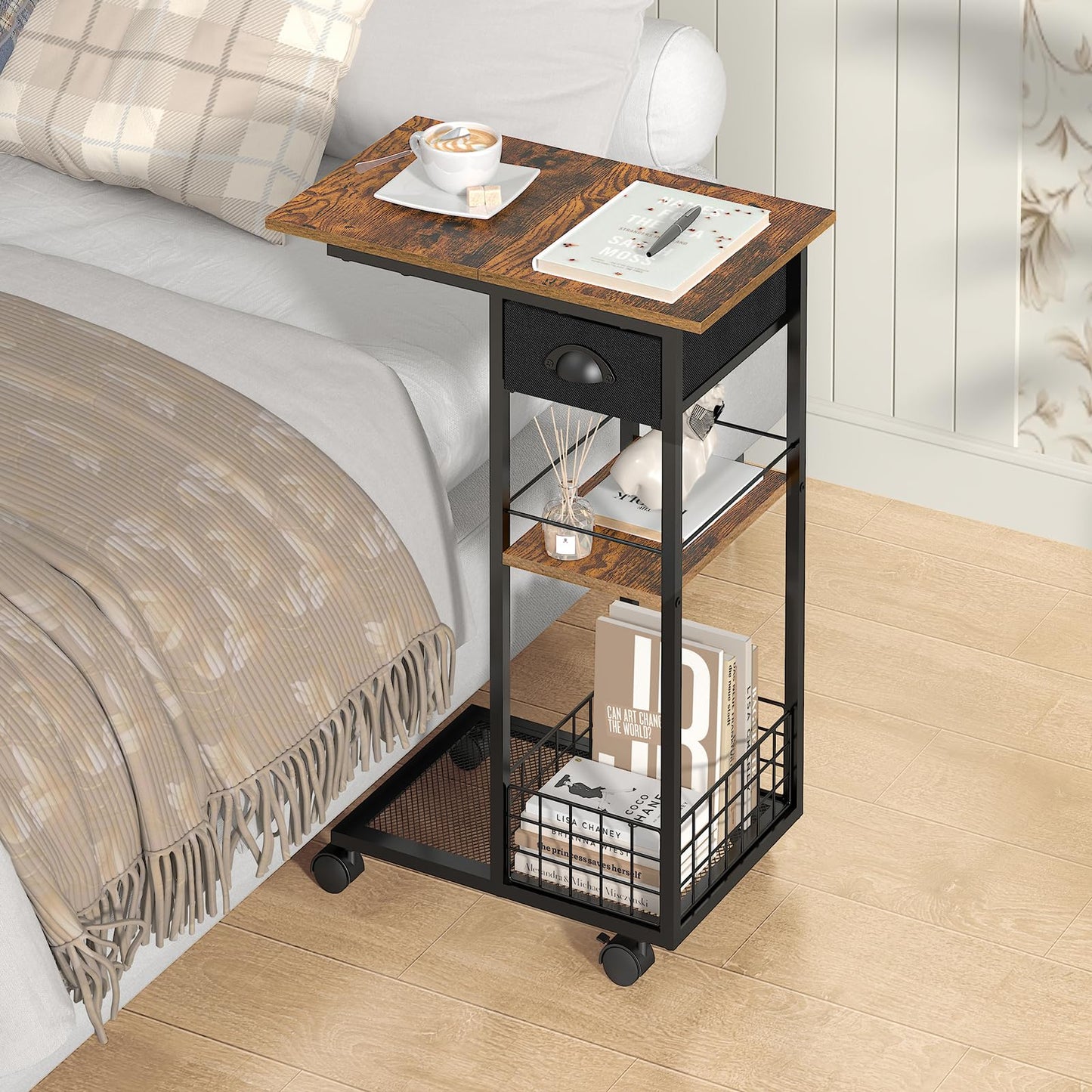 Vintage C Shaped End Table with Storage Basket, Tiltable & Large Tabletop Side Table with Drawer, Bedside Table with Wheels, Rolling C Table for Living Room, Bedroom, Bedside, Rustic Brown and Black