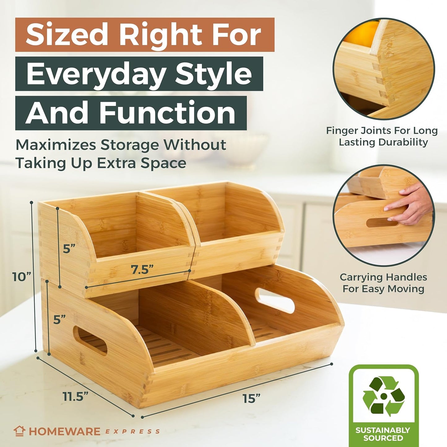 Regine Switzerland Potato and Onion Storage Bin - Ventilated Bamboo Organizer Baskets | Stackable 3-Pack for Pantry & Kitchen
