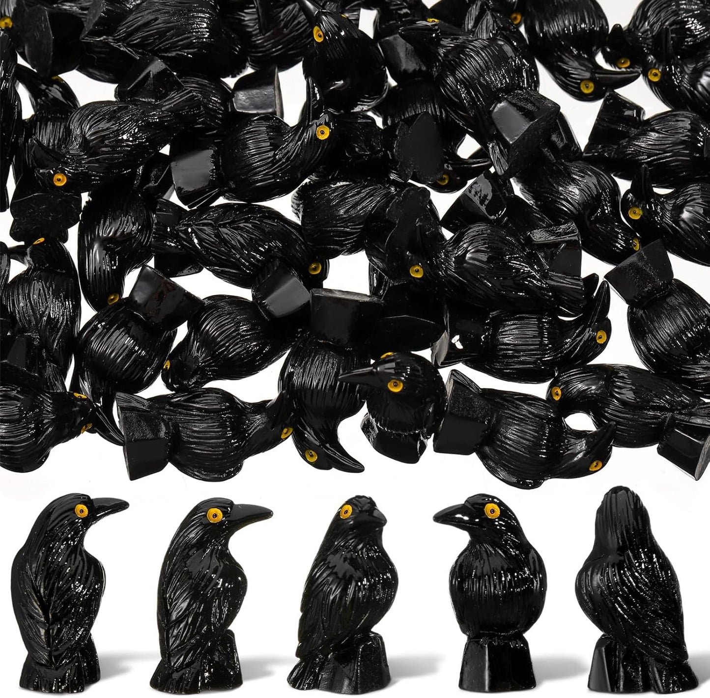 Skiennix Miniature Crows Decor - 100 Pcs Black Resin Raven Figurines for Spooky Holiday Scenes