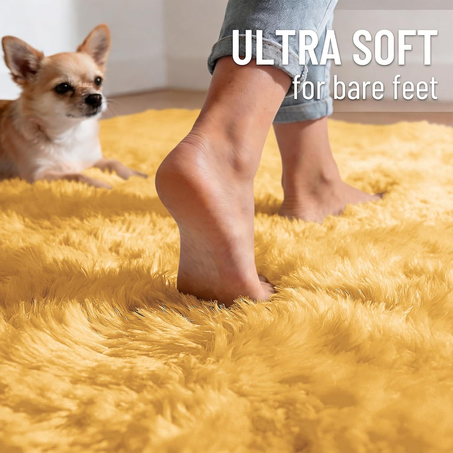 OLANLY Mustard Yellow Round Rug - Soft, Fluffy Shaggy Carpet for Bedroom | 2 ft Circle Area Rug