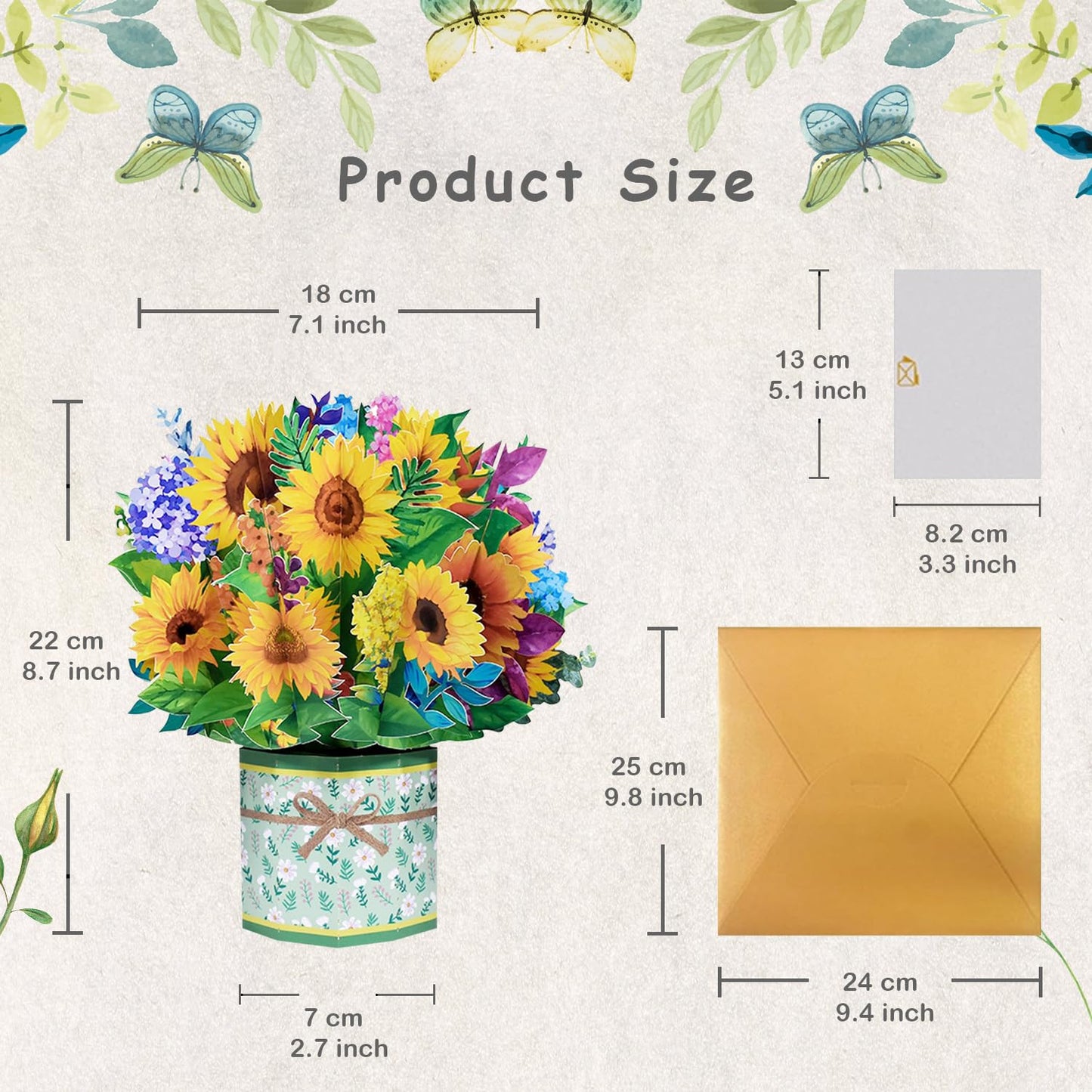 ROBBEAR Sunflower Bouquet Pop Up Card, 3D Flower Greeting Card with Envelopes for Any Occasion, Birthday, Mother's Day, Anniversary, Valentines Day, Handmade Gifts, Foldable Flower Cards for Friends