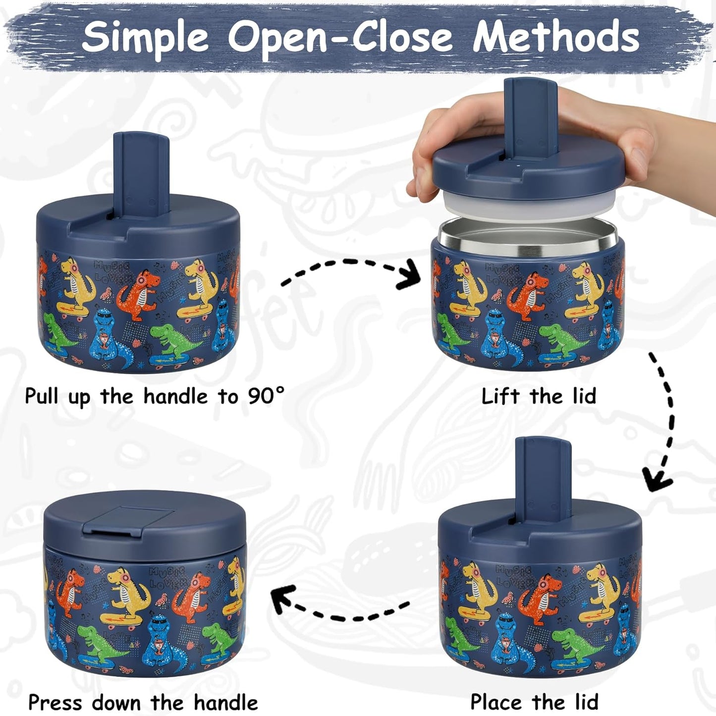 Pawtong Insulated Vacuum Food Jar - Leakproof Stainless Steel Lunch Container for Kids | 12oz Blue Dinosaur