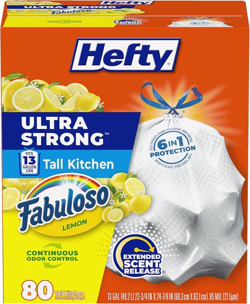 Hefty Ultra Strong 13 Gallon Trash Bags - Leak & Puncture Resistant | Continuous Odor Control, 80 Count, Lemon Scent