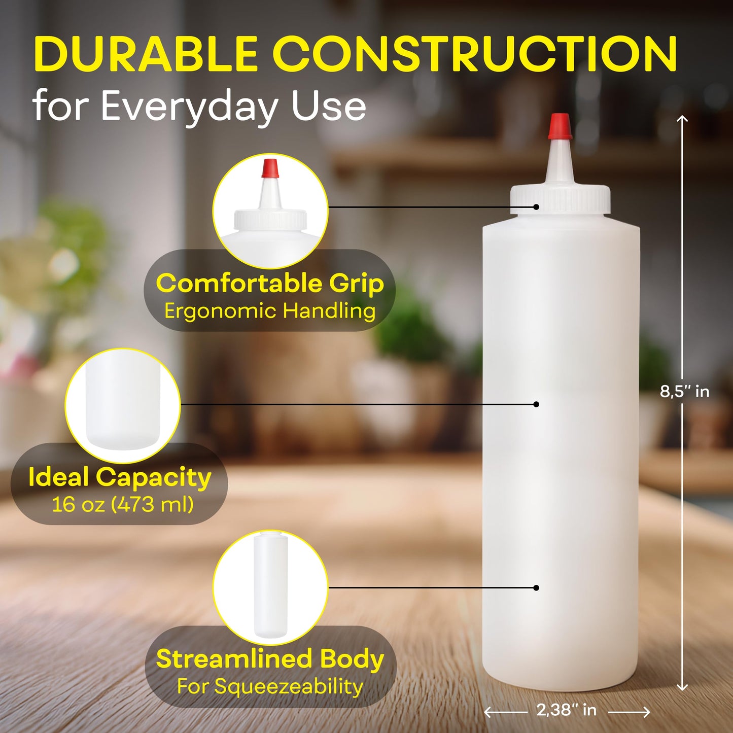 BRIGHTFROM Squeeze Bottles, Leak Proof, Wide Neck, BPA FREE Plastic, 16 OZ 2 PACK, Condiment Empty Squirt Bottle with Red Top Cap - for Ketchup, Mustard, Syrup, Sauces, Dressing, Oil, Arts & Crafts