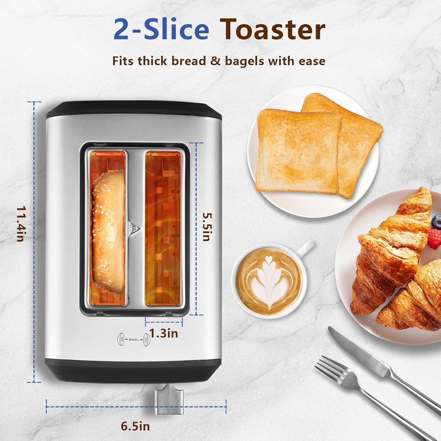SAKAMOSH 2-Slice Toaster - Smart Digital Display with 6 Browning Levels & 1.3" Wide Slots - Stainless Steel, 800W