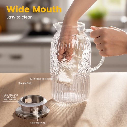 Bandesun Glass Pitcher with Lid, 68 oz/ 2 Liter 2Pack Vintage Water Pitcher,Glass Water Carafe for Cold Brew, Coffee, Lemonade, Iced Tea,Beverage, Heat Resistant Jug