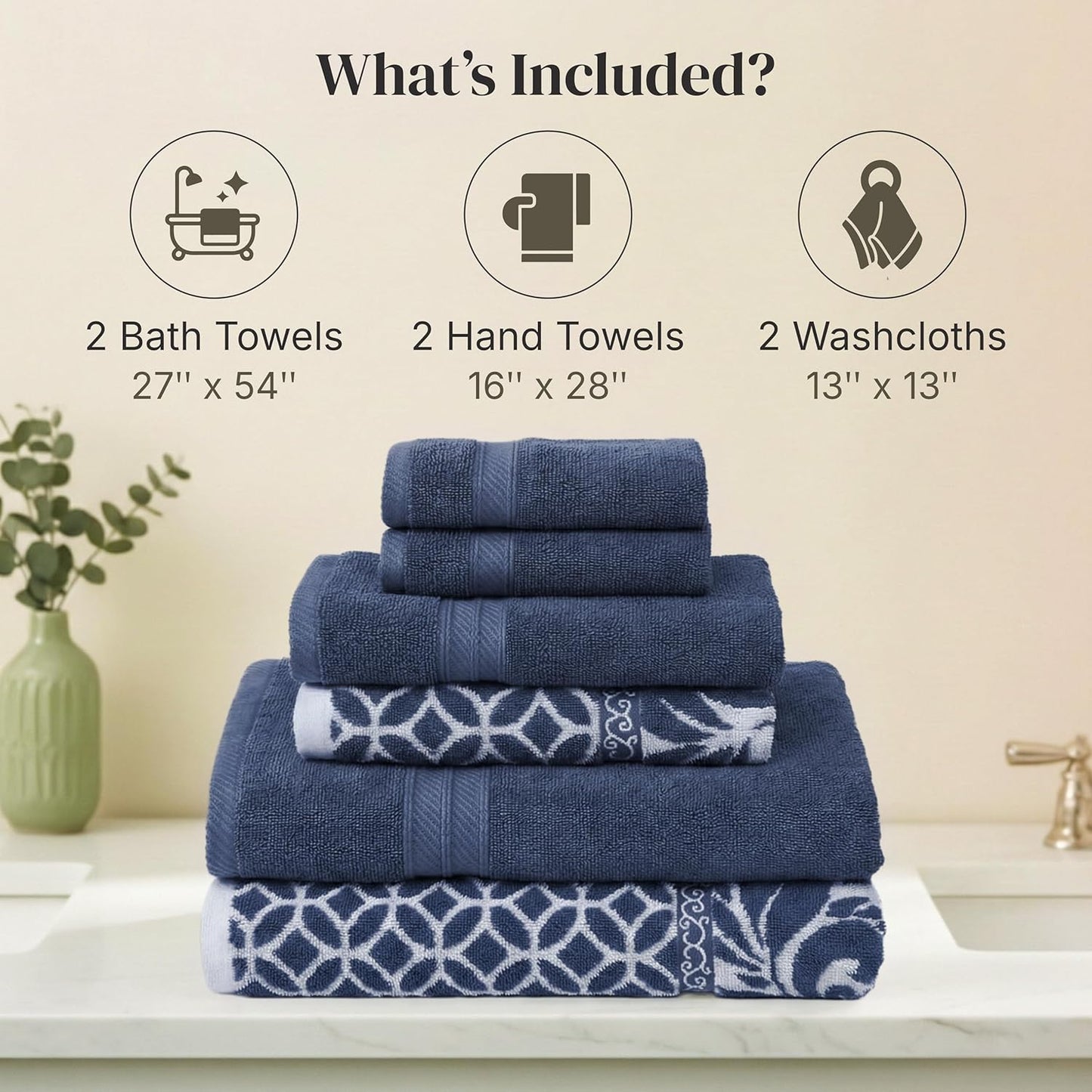 Modern Threads 100% Cotton Towel Set | 6-Piece Reversible Yarn Dyed Jacquard - Soft, Absorbent & Quick Dry - Navy