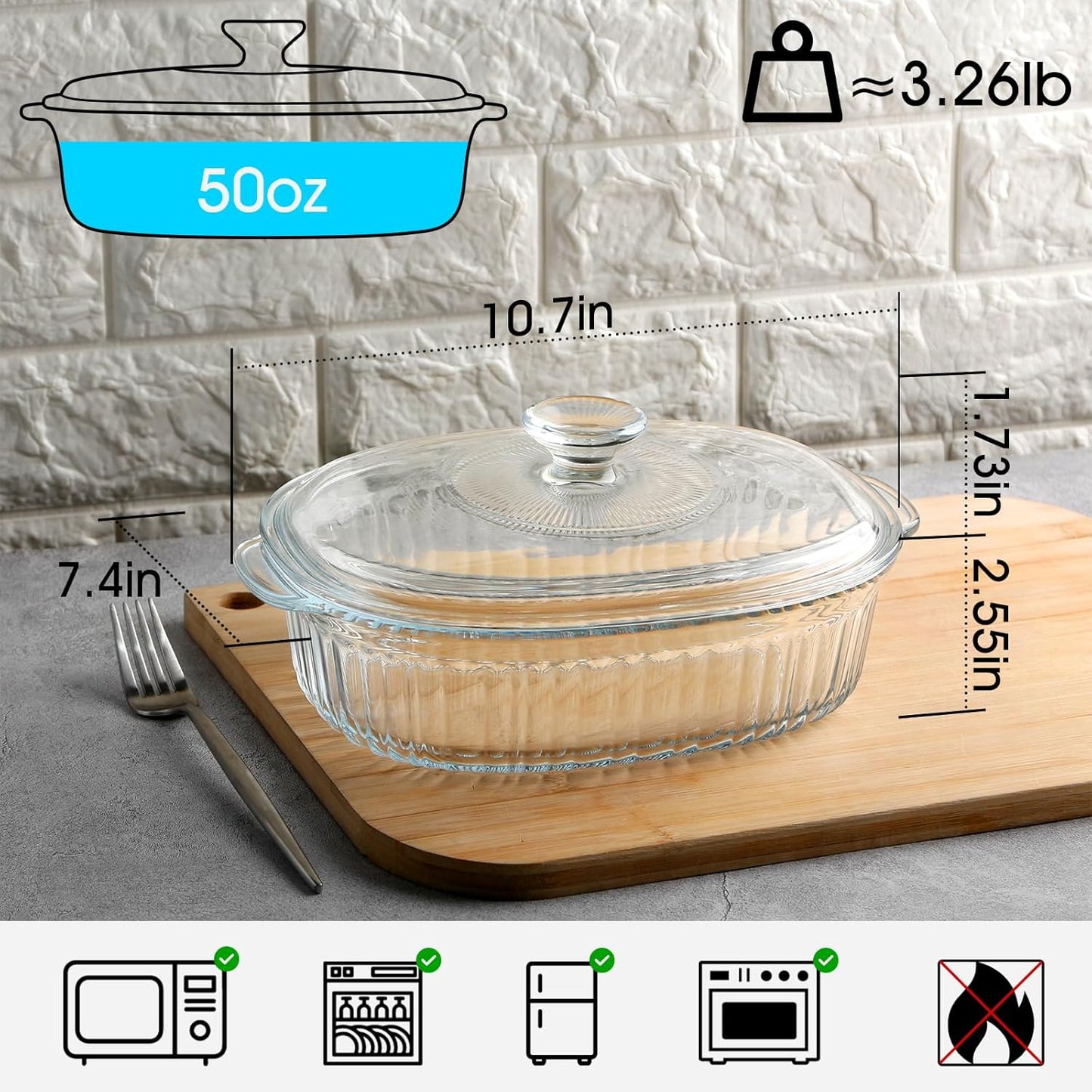 NUTRIUPS Oval Glass Casserole Dish - 1.9QT Borosilicate Glass with Lid for Oven Baking