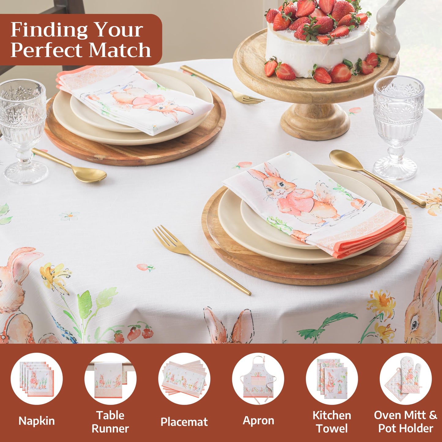Maison d' Hermine Table Cloth Round Table 100% Cotton 69 Round Inches Tablecloth Reusable Decorative for Dining Kitchen Room Farmhouse Home Gifts for Mothers Day Spring Summer - Bunny Party