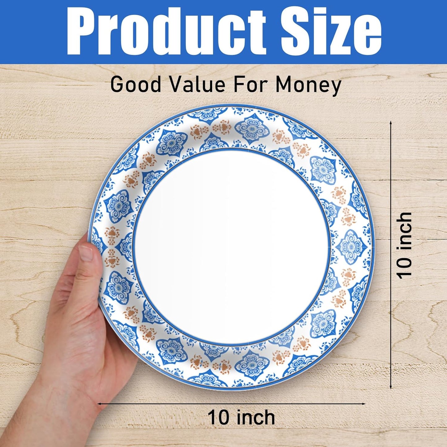 Skiennix 10-Inch Blue Floral Paper Plates - 50 Pack Heavy-Duty Disposable Tableware for Parties & Events
