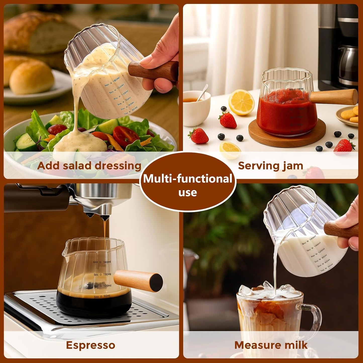 YARRAMATE Glass Measuring Cup - 6 oz/180ML with Wooden Handle | Ribbed Milk Frothing Pitcher, Easy Pouring