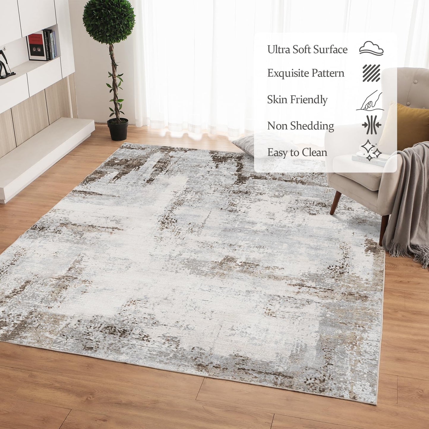 OMERAI Washable Rug 5'x7' Abstract Machine Washable Rugs Ultra-Thin Area Rugs for Living Room Non Slip Stain Resistant Modern Carpet for Bedroom Dining Room Office Kitchen Brown Rug Washable