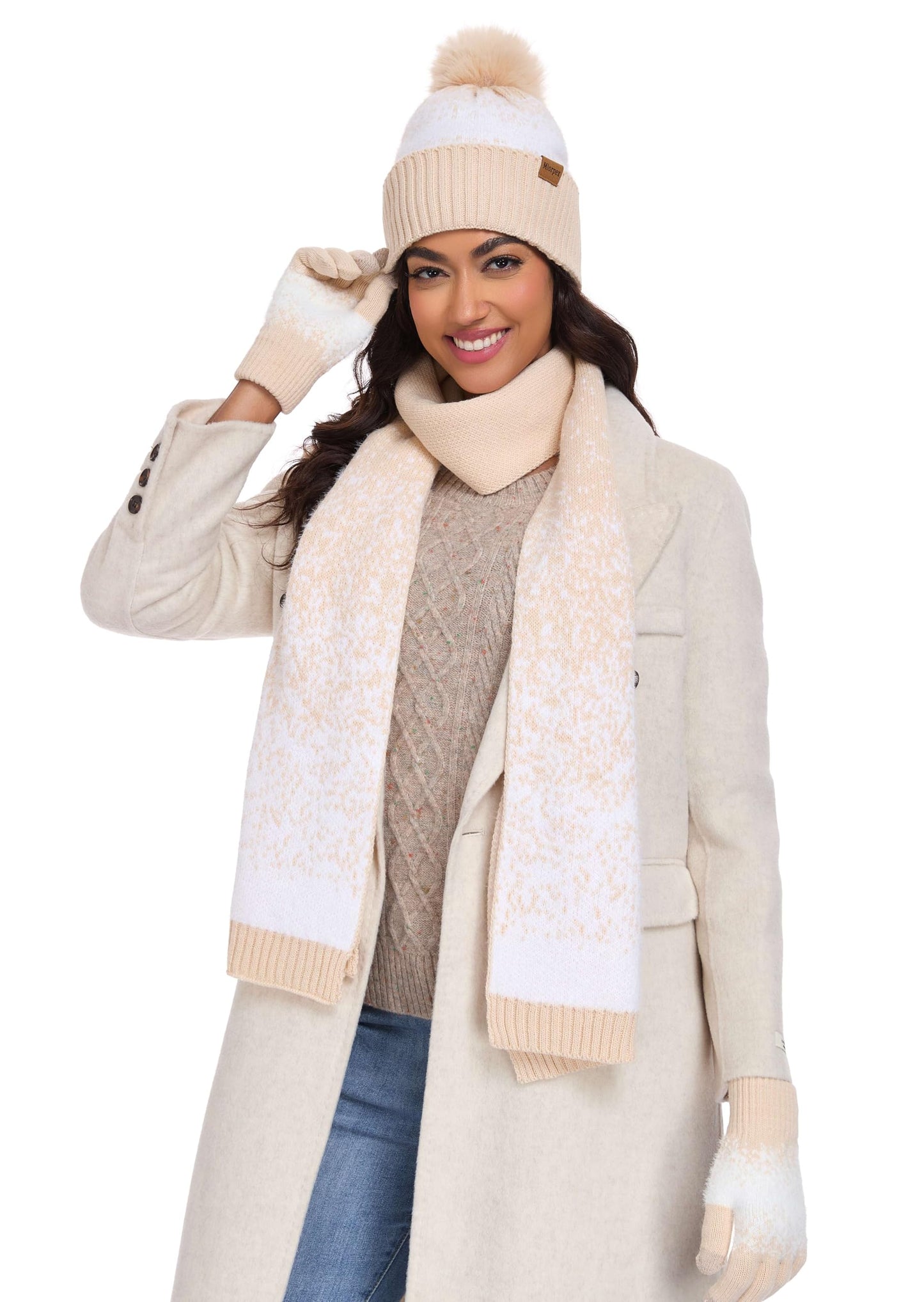 Miorpex Womens Winter Beanie Hat Touchscreen Gloves Long Scarf 3 Set with Warm Fleece Lined Knit Skull Caps Scarves for Women Apricot White